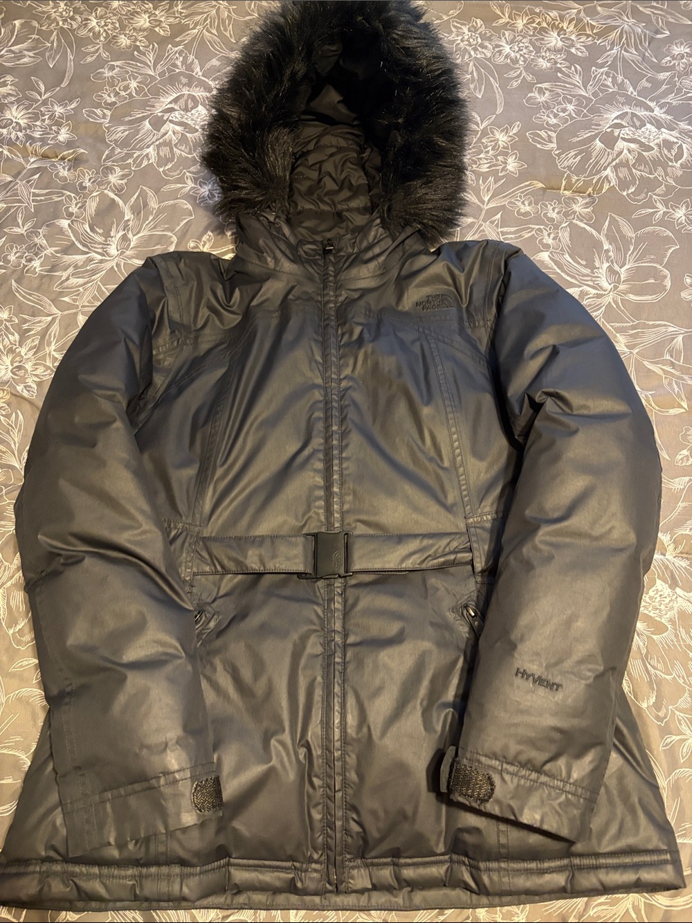 The North Face Women's Black Hooded Puffer Coat with Faux Fur Trim
